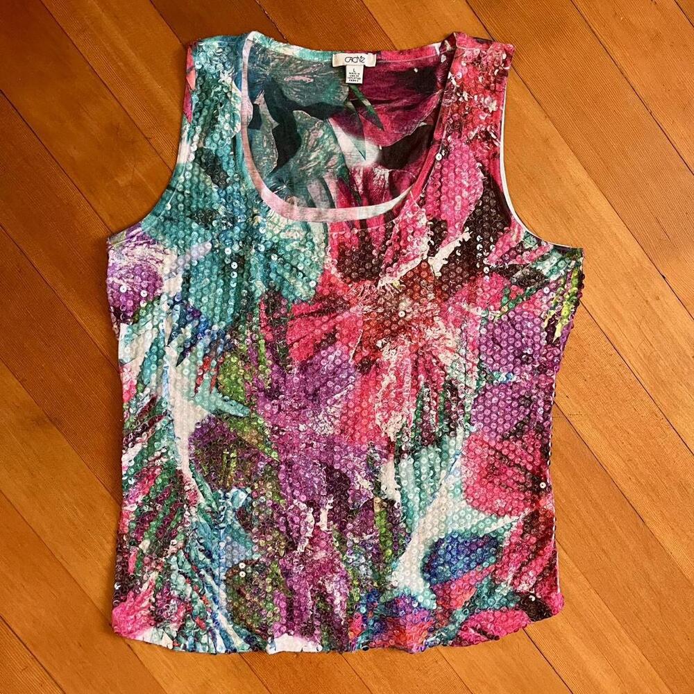 Cache Statement Vintage Y2K Sequined Tropical Tank, Size Large